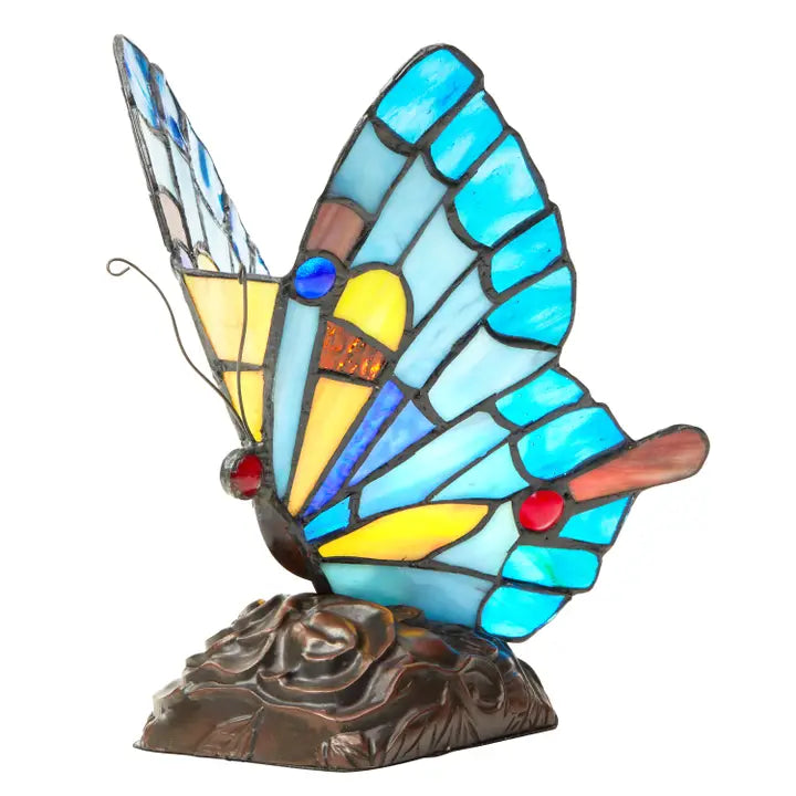9"H Kiara Blue Butterfly Stained Glass Accent Lamp - Zinnias Gift Boutique