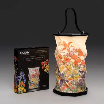 Modgy Origami Lantern illuminated with colorful paper, showcasing intricate fold patterns and a delicate, decorative design.