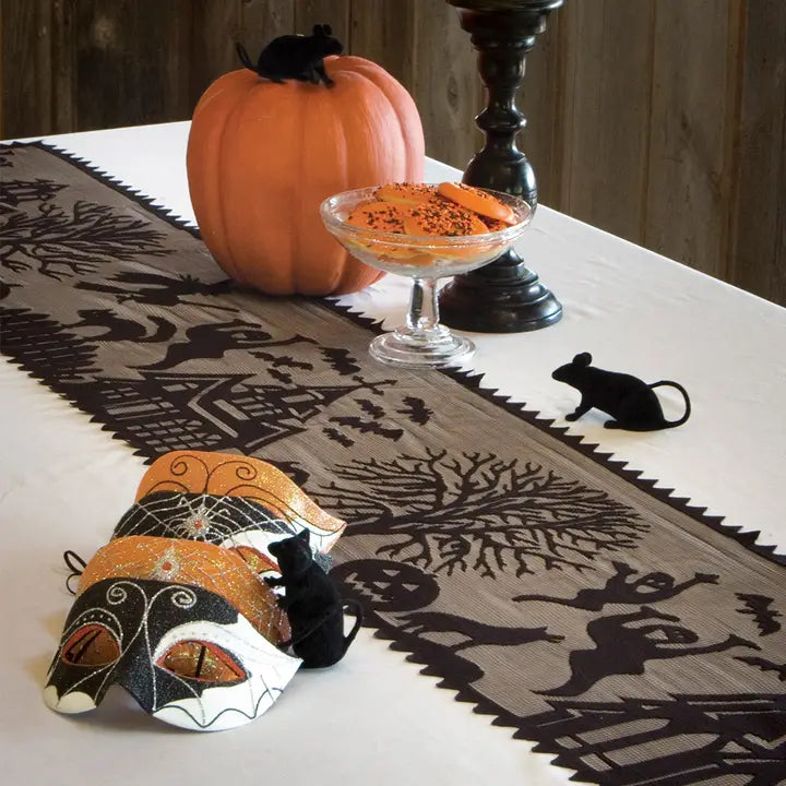 Halloween Ghost Bat Haunted House 14x40 Table Runner Black - Zinnias Gift Boutique