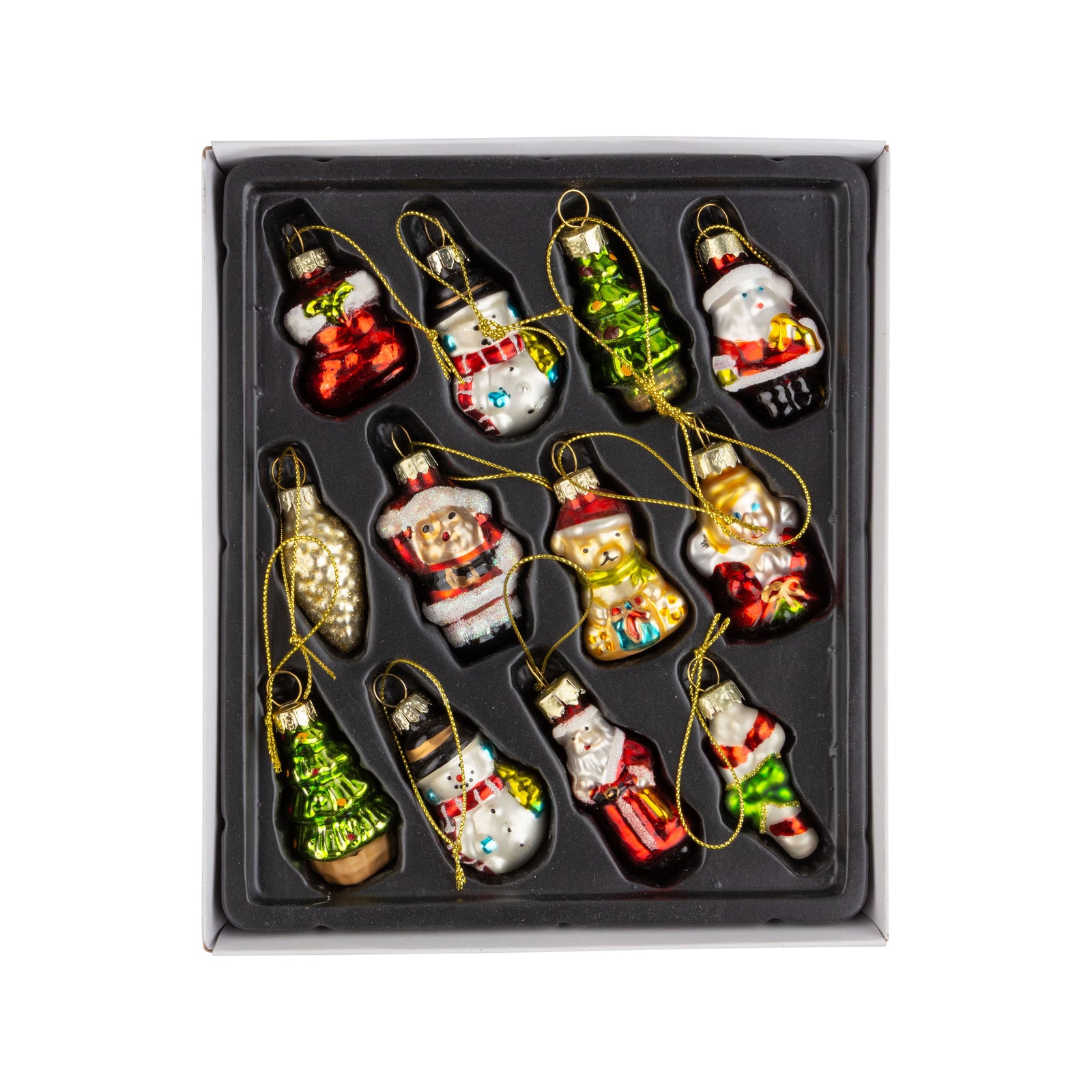 12 glass orns Santa/snowman/tree - Zinnias Gift Boutique