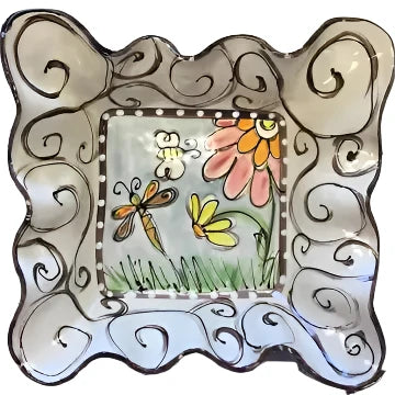 Small Plate - Swirl Dragonfly Flowers - Zinnias Gift Boutique