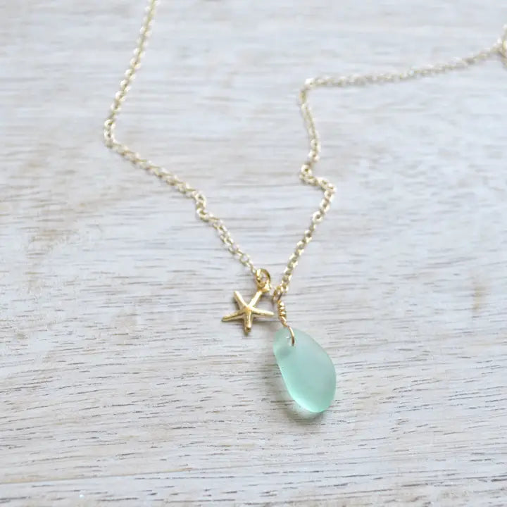 Tiny Gold Frosted Glass &amp; Starfish Necklace - Seafoam - Zinnias Gift Boutique