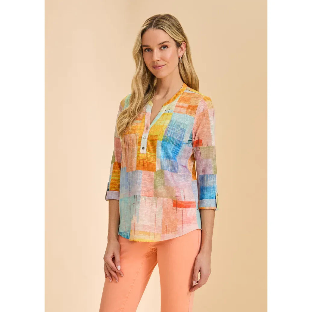 3/4 Sleeve Henley Top Summer Geo - Zinnias Gift Boutique