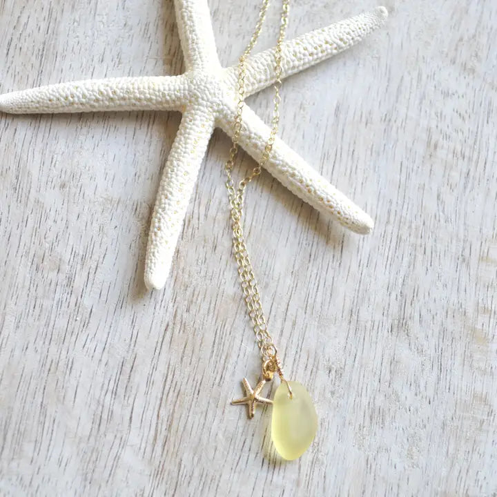 Tiny Gold Frosted Glass &amp; Starfish Necklace - Lemon Yellow - Zinnias Gift Boutique