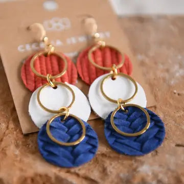 Patriotic leather drop earrings with 4th of July-themed design from Cecelia Designs Jewelry, featuring red, white, and blue colors.