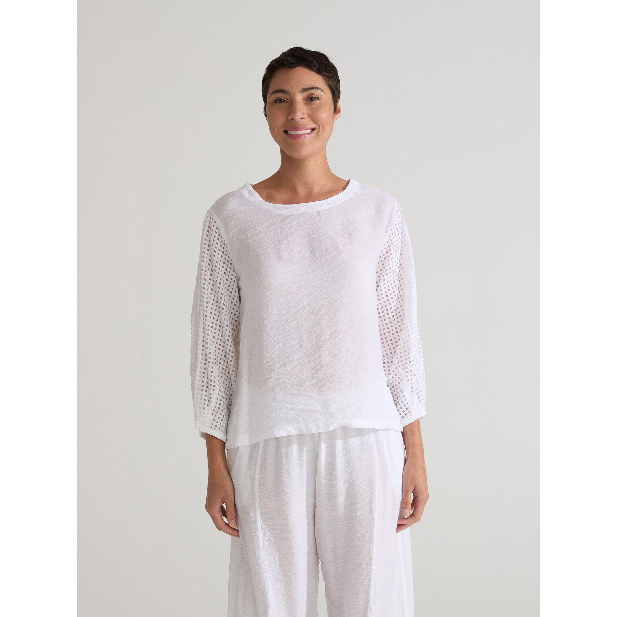 Lantern Sleeve Checkered Cutout Top - White - Zinnias Gift Boutique