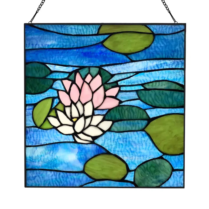 12"H Blue Lotus Pond Stained Glass Window Panel - Zinnias Gift Boutique