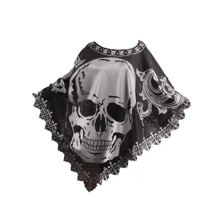 Skeleton Skull Halloween 58x58 Lace Poncho Costume Pewter