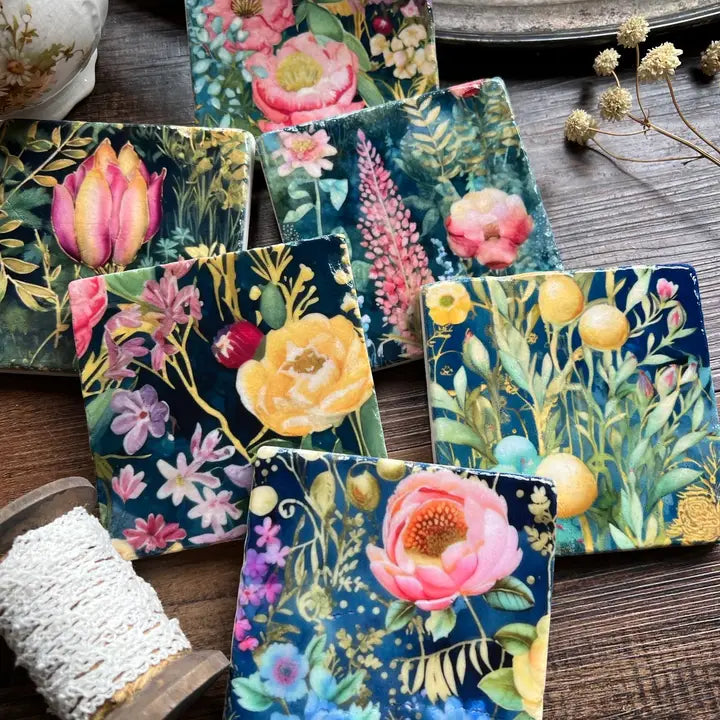 Watercolor Garden Midnight Stone Coasters - Zinnias Gift Boutique