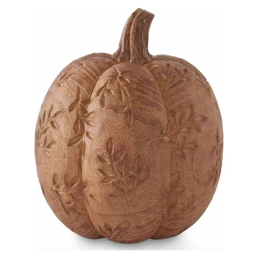 9 Inch Tan Carved Leaf Pattern Resin Pumpkin - Zinnias Gift Boutique