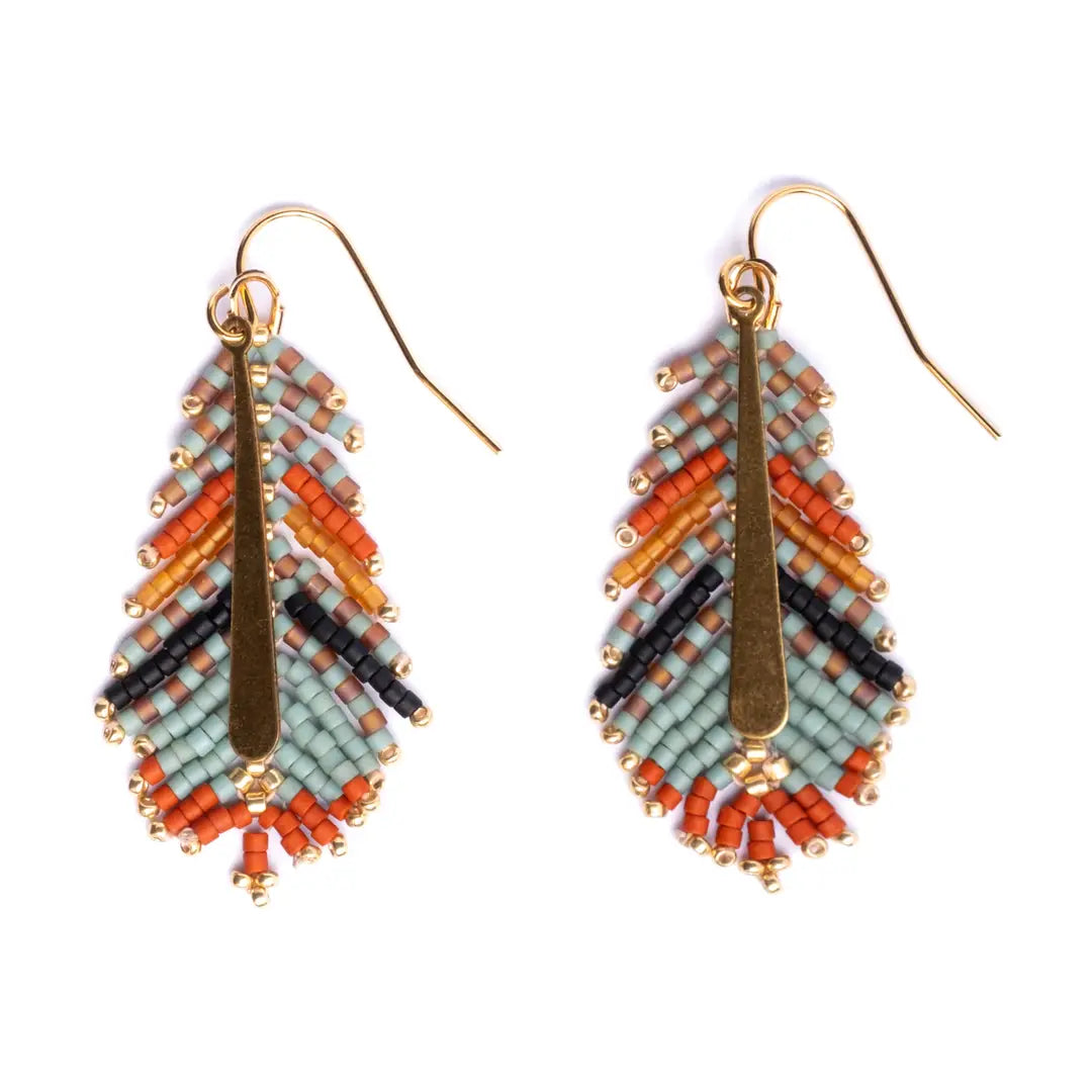 Beaded Handwoven Gilded Feather Earring - Rust Aqua - Zinnias Gift Boutique