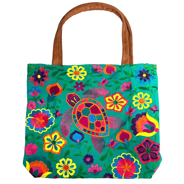 Embroidered Floral Sea Turtle Large Suede Purse Tote Bag