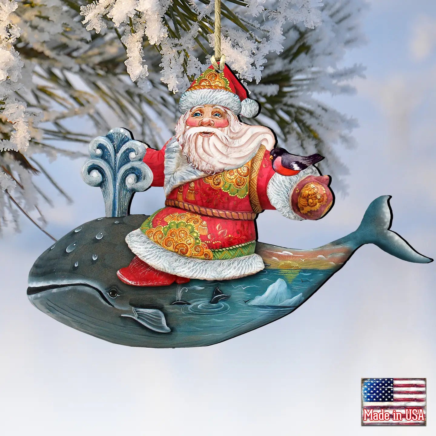 Whale Coastal Santa Wood Ornament
