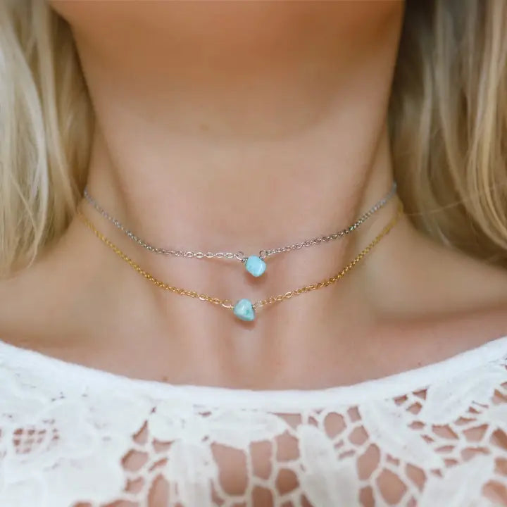 Larimar dainty stone choker necklace from bohemians closet featuring a delicate blue larimar pendant on a fine chain