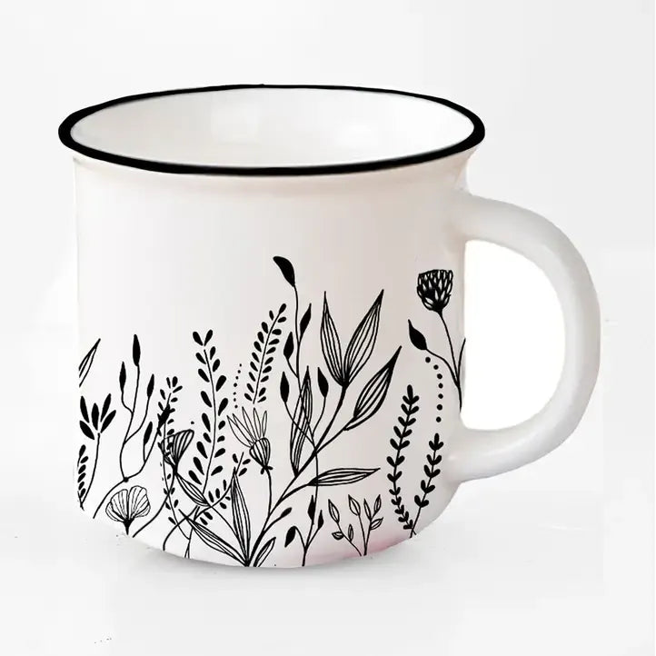 Black and White Floral Mug - Zinnias Gift Boutique