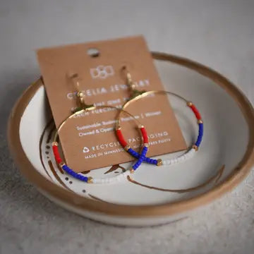Gold hoop earrings with 4th of July seed beads, stylish jewelry by Cecelia Designs Jewelry featuring festive patriotic accents.