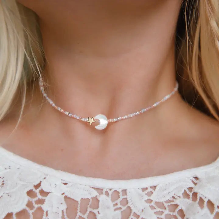 Dream Moon & Star Seed Beaded Choker Necklace
