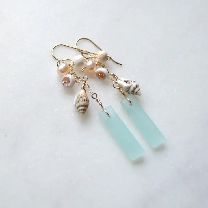Dangling Frosted Glass & Shell Earrings - GF - Zinnias Gift Boutique