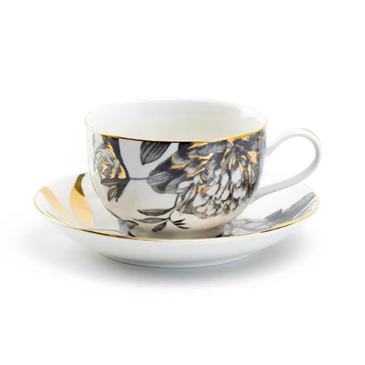 Black Gold Peony 7oz Fine Porcelain Tea Cup and Saucer - Zinnias Gift Boutique