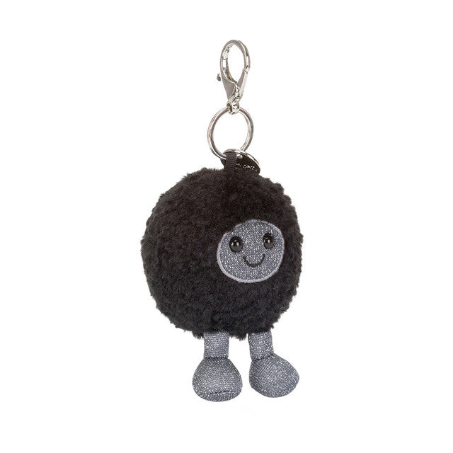 Jellycat Amuseables Black Hole Bag Charm, soft plush stuffed animal with black and cosmic design, attached to a keychain.