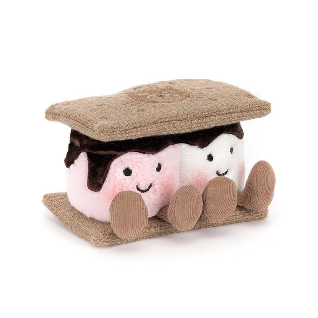 Jellycat Amuseables S'mores stuffed animal with plush marshmallow, chocolate, and graham cracker layers, soft and cuddly for kids