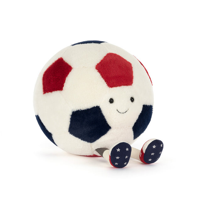 Jellycat Amuseables USA Soccer Ball plush stuffed animal with soft fabric and detailed soccer ball design.