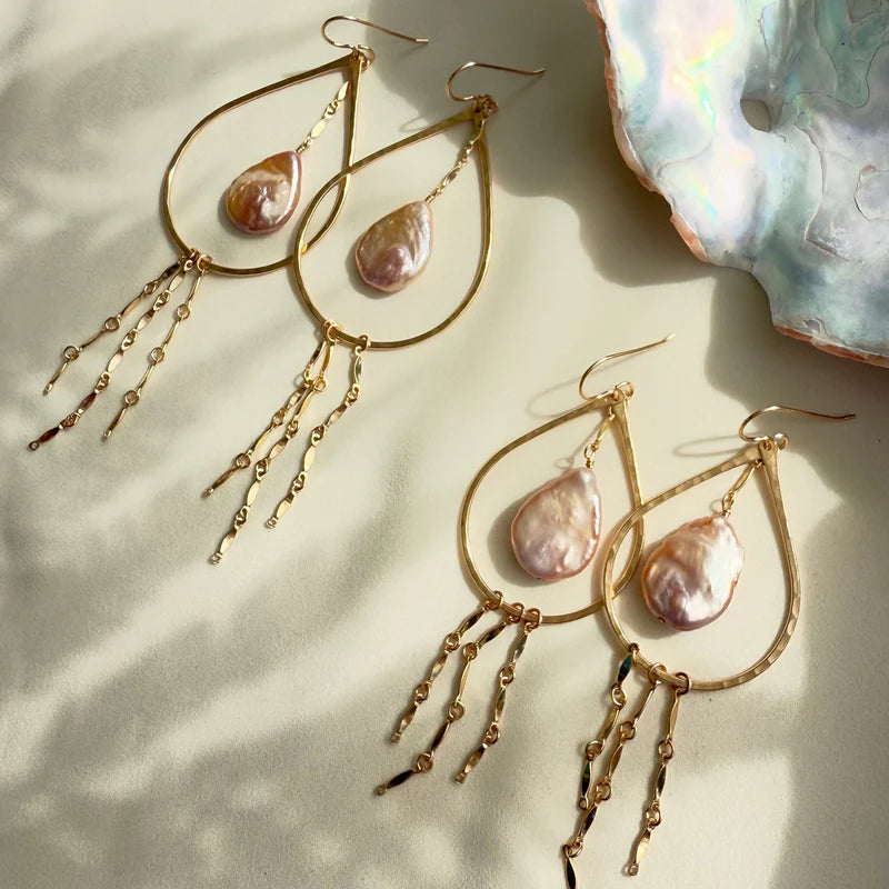 Gold fill large Mallorca earrings by In Situ featuring bold, elegant hoop jewelry with intricate detailing.