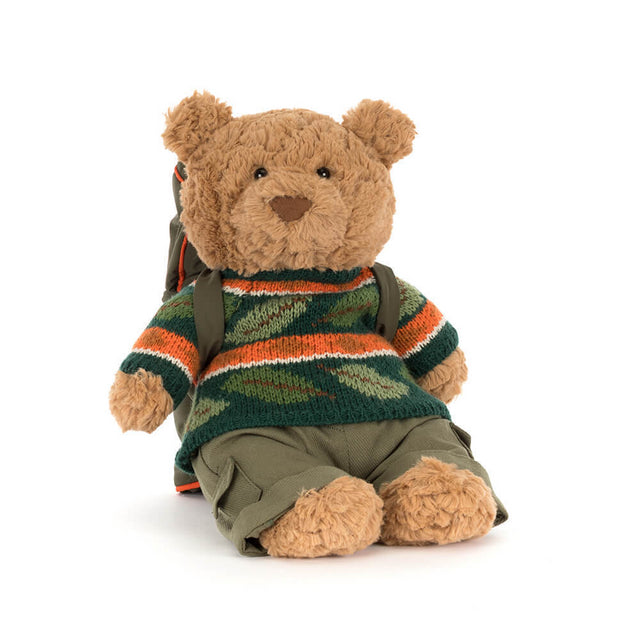 Jellycat Bartholomew Bear stuffed animal wearing a hiking outfit, soft plush toy with detailed outdoor gear, perfect for cuddling.