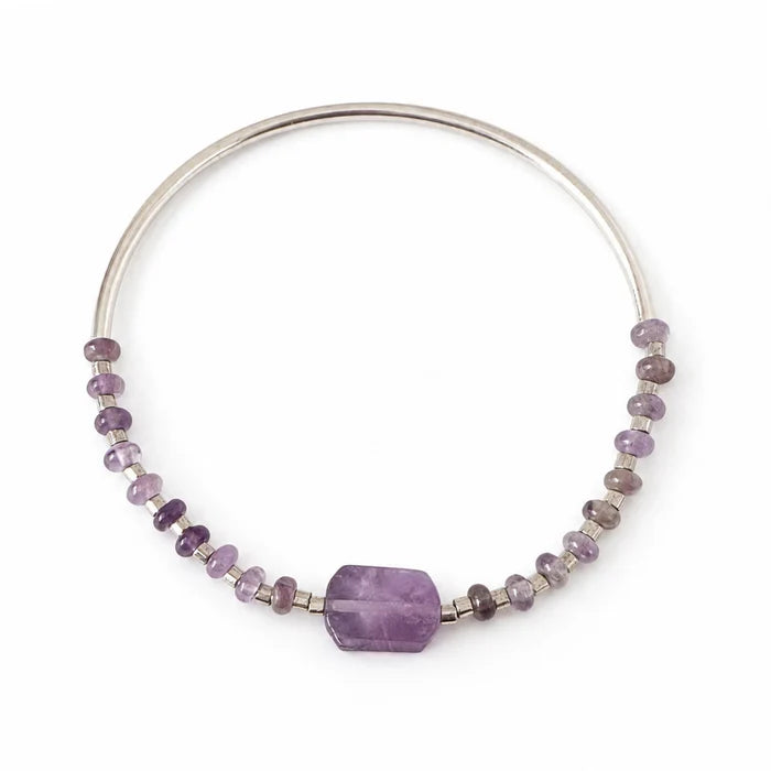 Amethyst Stretch Bangle Bracelet - Silver - Zinnias Gift Boutique