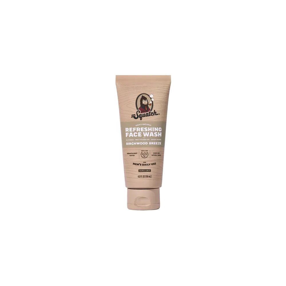 Dr. Squatch Birchwood Breeze refreshing face wash in a 4oz bottle, with a clear label and textured pump dispenser.