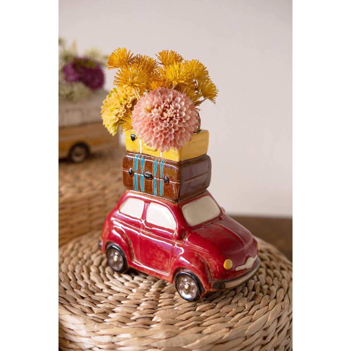 Red Ceramic Car with Luggage Planter - Zinnias Gift Boutique