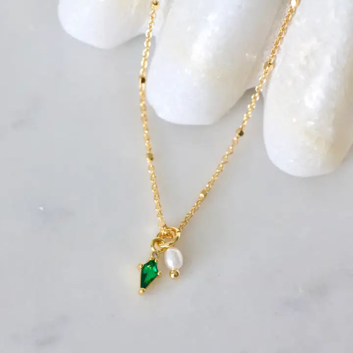 Mini Pearl and Emerald Drop Necklace - Zinnias Gift Boutique
