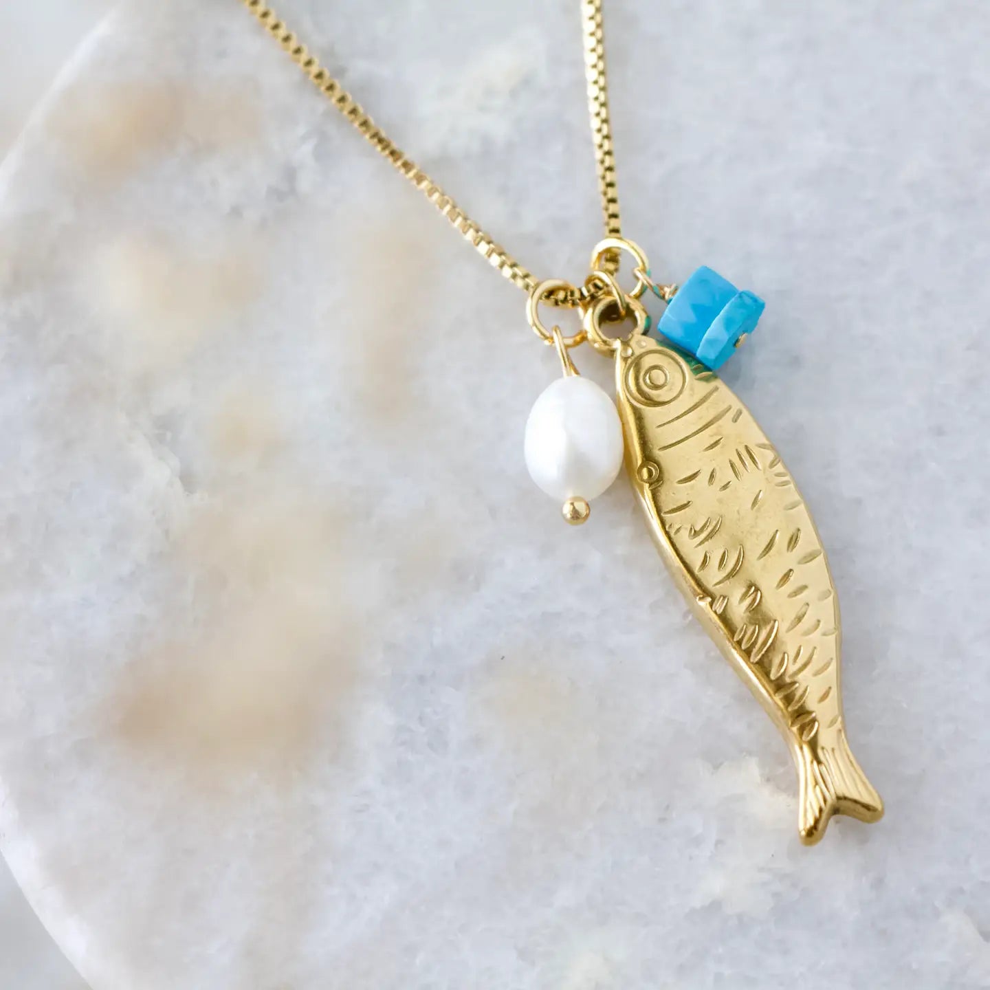 Fish Pearl and Turquoise Necklace - Waterproof - Zinnias Gift Boutique