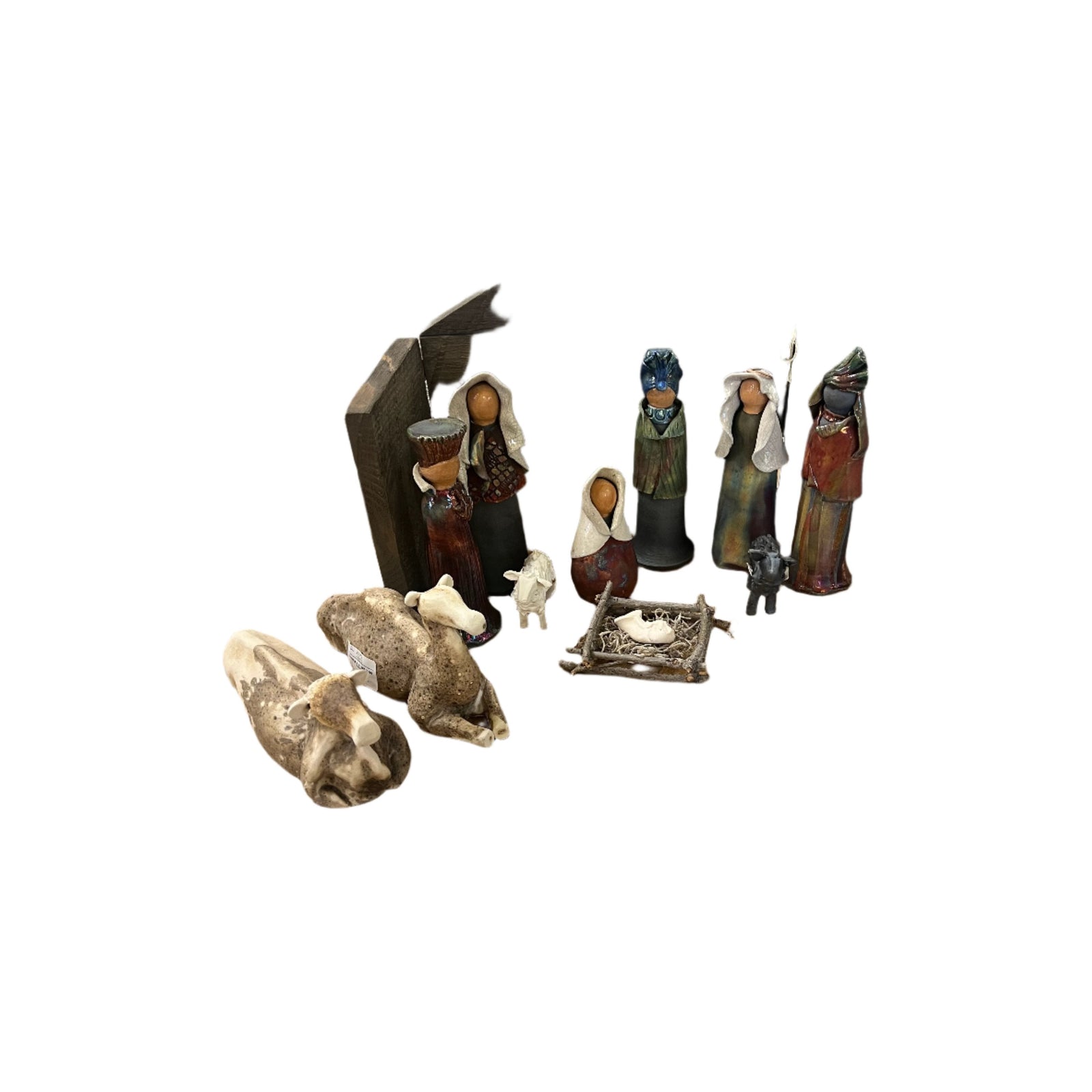 Nativity Set with Wood Creche with Raku Star 12 piece set - Zinnias Gift Boutique