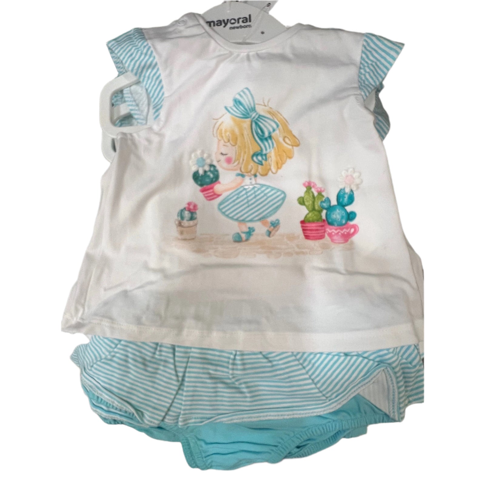 white top with turquoise shorts girl cactus - Zinnias Gift Boutique