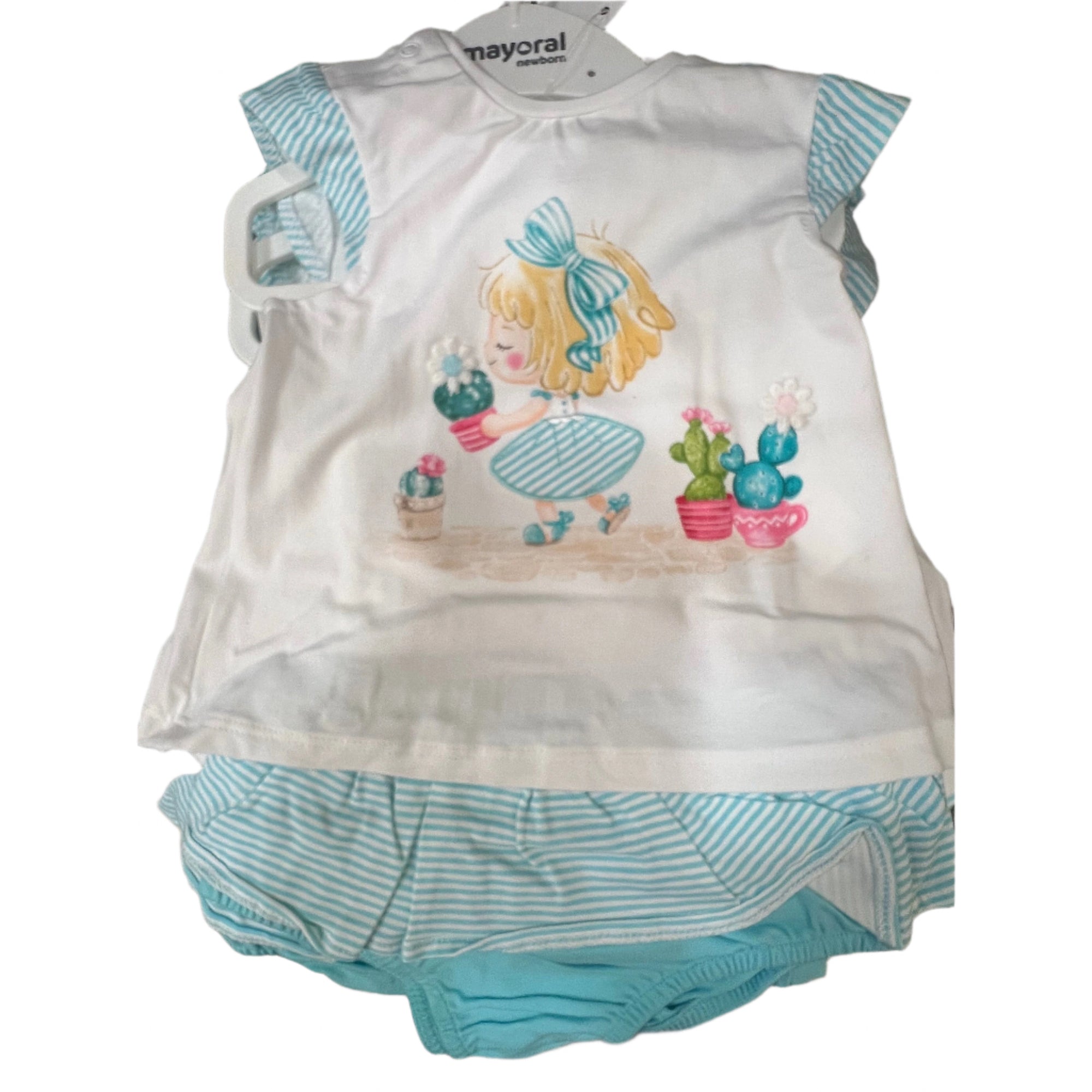 white top with turquoise shorts girl cactus - Zinnias Gift Boutique