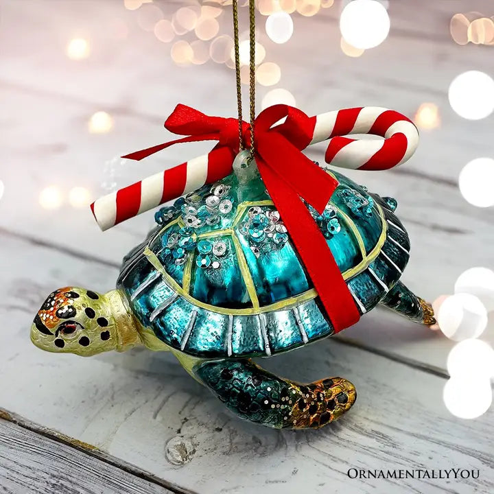 Gift Wrapped Sea Turtle Glass Ornament