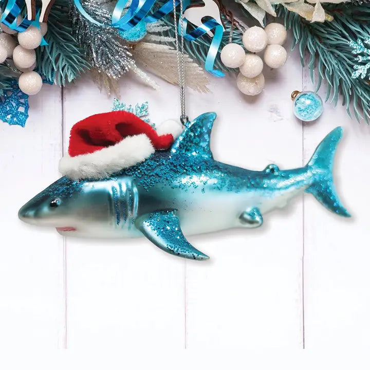 Shark w/ Santa Hat Glass Ornament