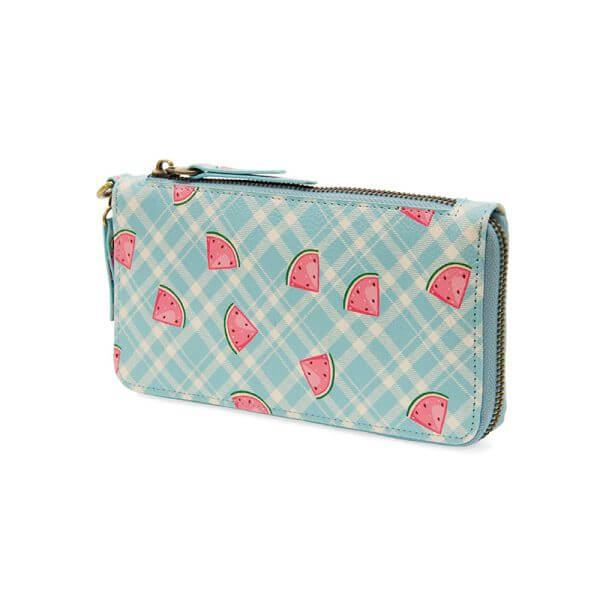 Chloe Printed Zip Around Wallet Wristlet - Blue Plaid Watermelons - Zinnias Gift Boutique