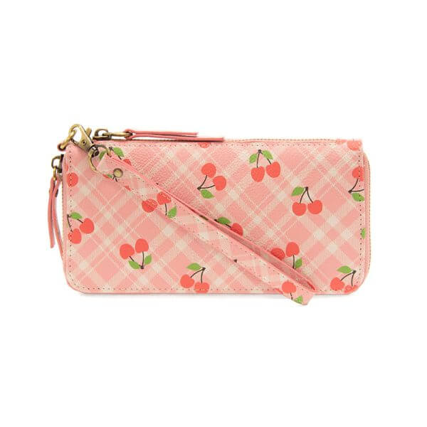 Chloe Printed Zip Around Wallet Wristlet - Pink Plaid Cherries - Zinnias Gift Boutique