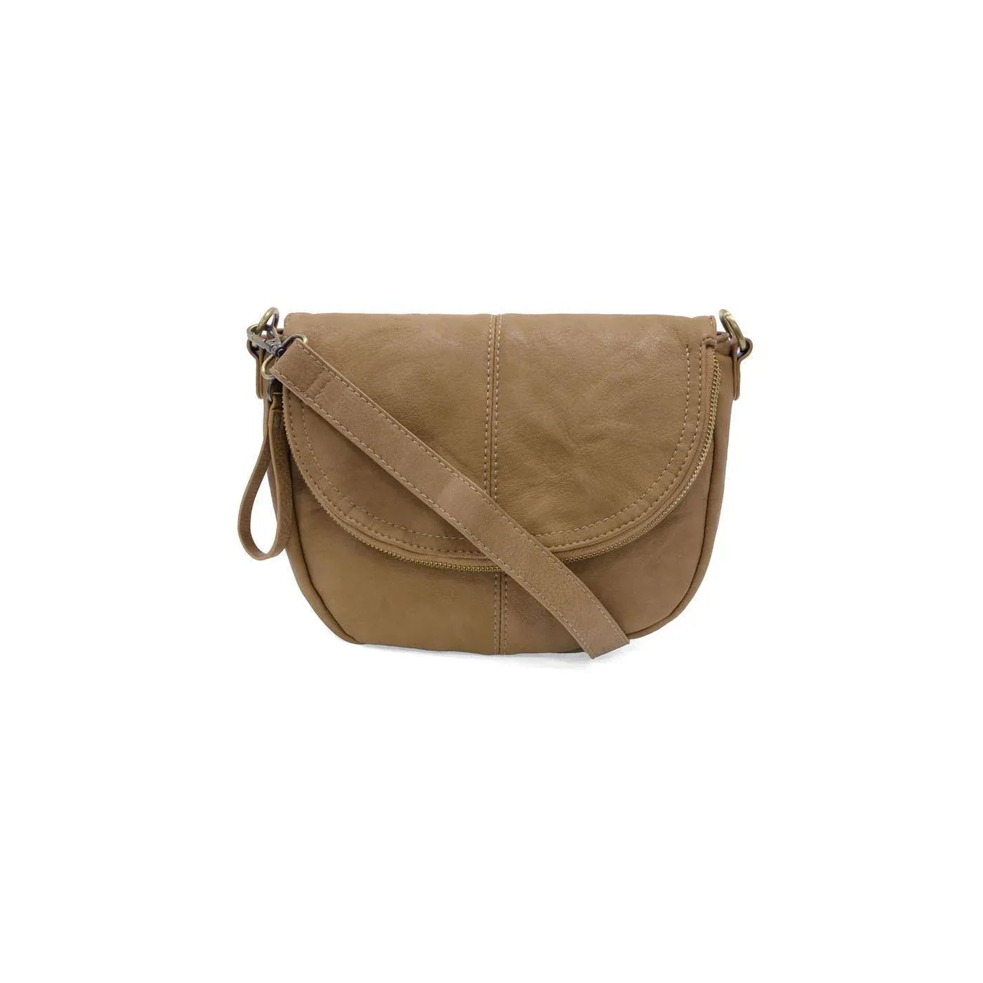 JoySusan Helene Sm Saddle Crossbody handbag in tan leather with adjustable strap and gold hardware.