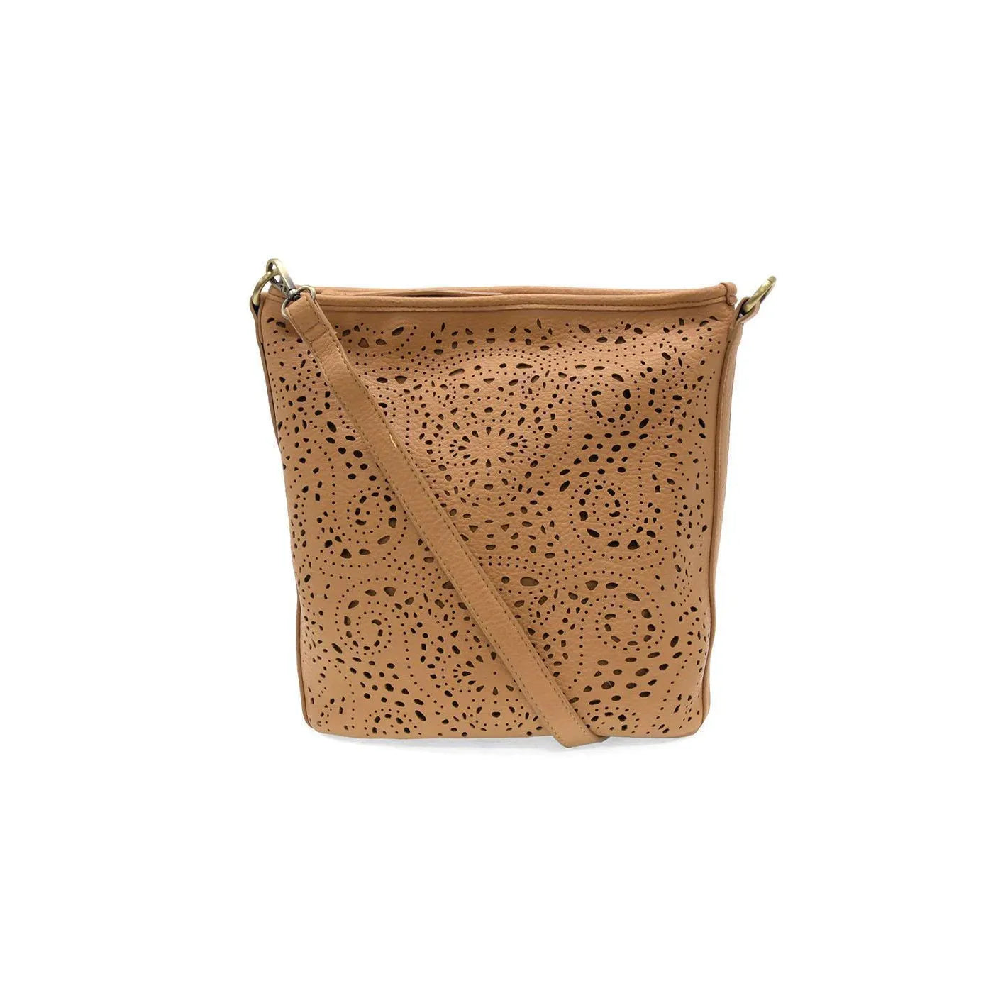 Tan lazer cut eyelet bucket crossbody purse by JoySusan featuring a stylish, compact design with eyelet accents.