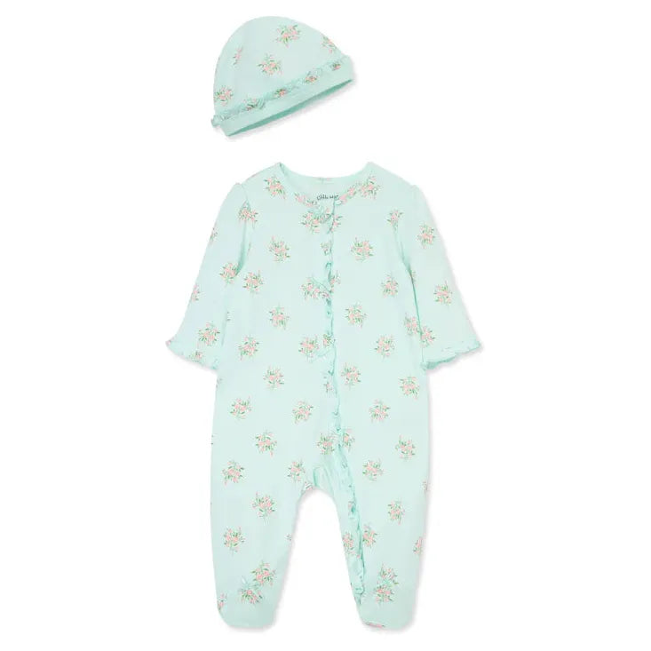 Delicate Floral Zip Footed One-Piece & Hat - Zinnias Gift Boutique