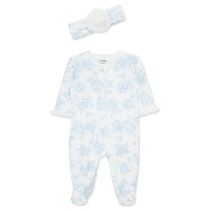 Blue Roses 2-Way-Zip Footed One-Piece And Headband - Zinnias Gift Boutique