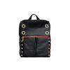 Hammitt Montana XL backpack in black with red zipper and brushed gold accents, showing the spacious design and sturdy straps.