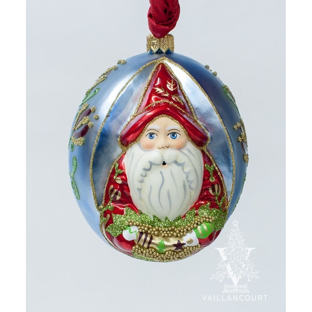 Jingle Balls Pearlized Santa in Red Holding Swag of Ornaments