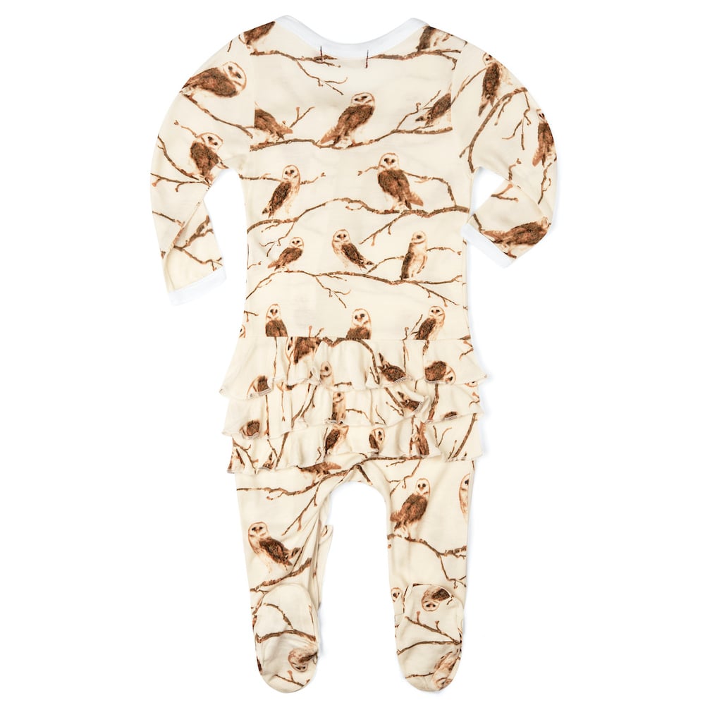 Owl Bamboo Ruffle Zipper Footed Romper - Zinnias Gift Boutique