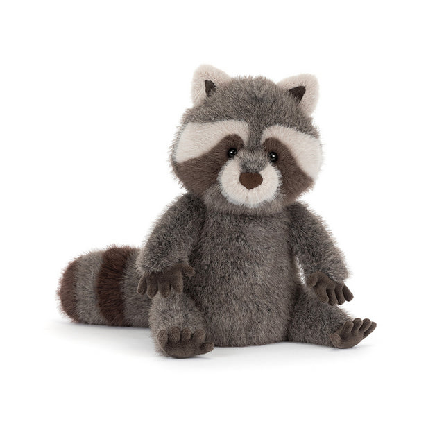 Soft Jellycat Trixiwoo Raccoon stuffed animal with plush gray fur and cute facial features, perfect for cuddling and play.