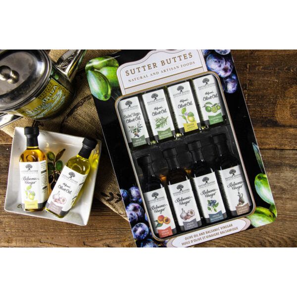 Sutter Buttes Gift Tin, 8 pack of 2oz. Assorted Olive Oils and Balsamic Vinegars - Zinnias Gift Boutique