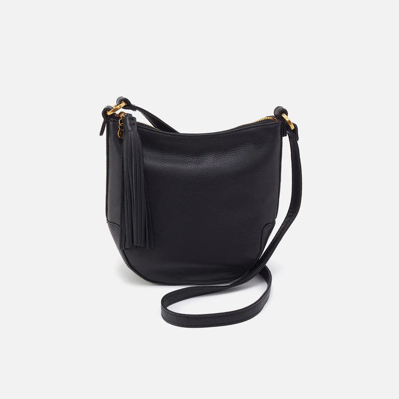 Hobo Lexi Crossbody handbag in black leather with adjustable strap and silver hardware, featuring multiple compartments.